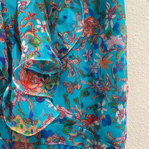 SALONI Rita Ruffle V-Neck Maxi Dress Blue Floral 100% Silk Size 4 - Picture 5 of 10